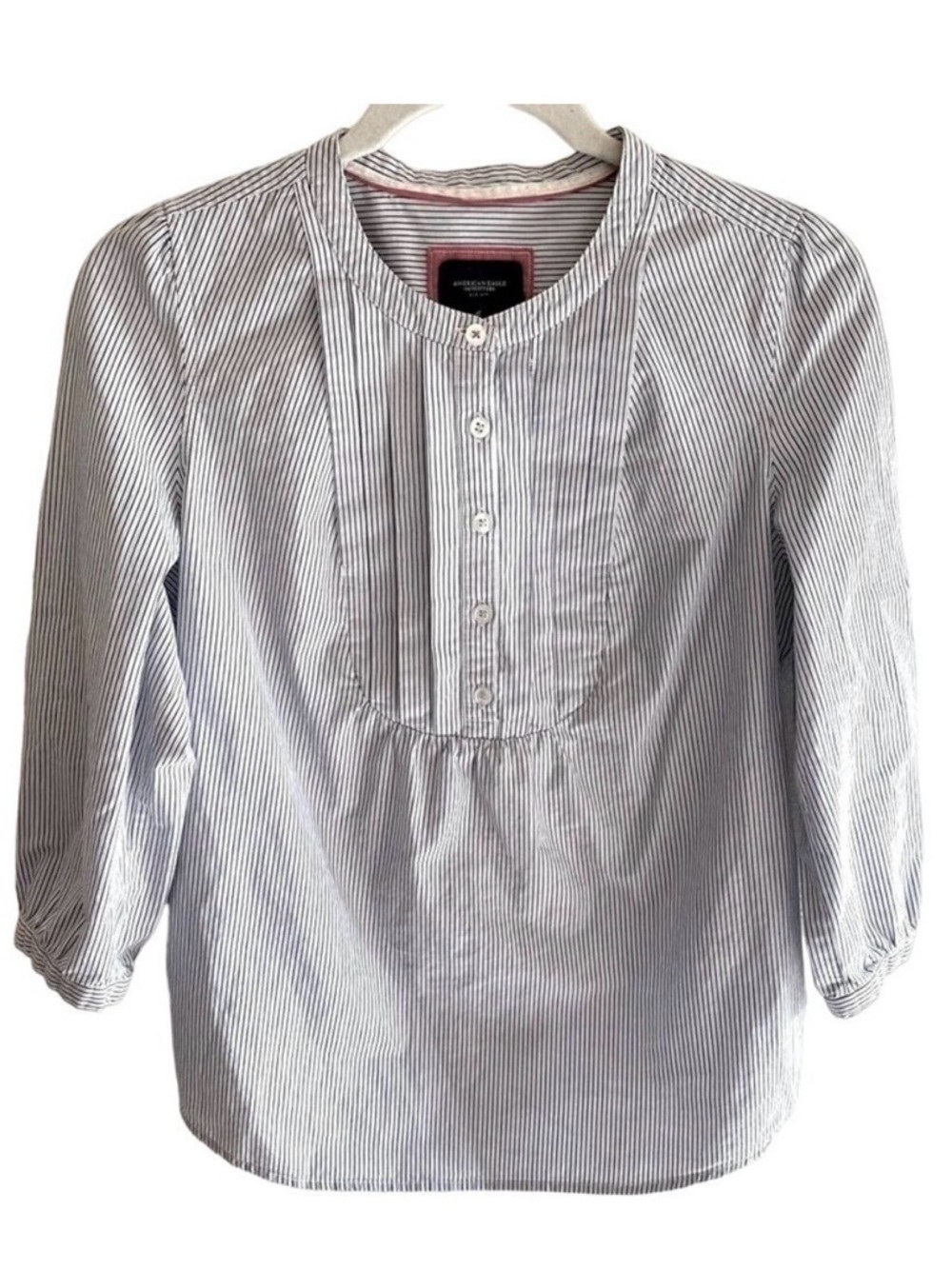 American Eagle Cotton Pinstriped 3/4 Sleeve 1/2 Button Up Pullover Blouse Size 6
